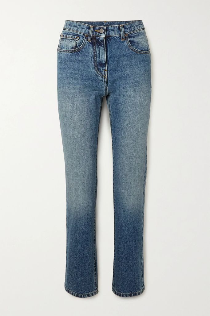 Appliquéd High-rise Slim-leg Jeans - Mid denim