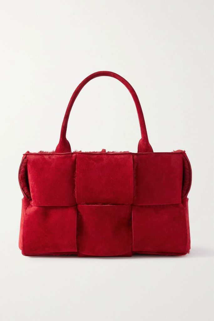 Arco Shearling-trimmed Intrecciato Suede Tote - Red