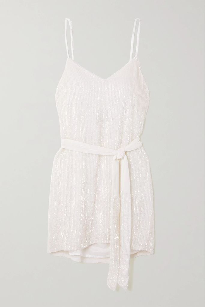 Claire Belted Sequined Chiffon Mini Dress - White
