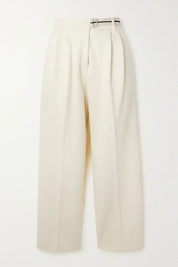 Cropped Belted Webbing-trimmed Pleated Cotton-blend Straight-leg Pants - Off-white