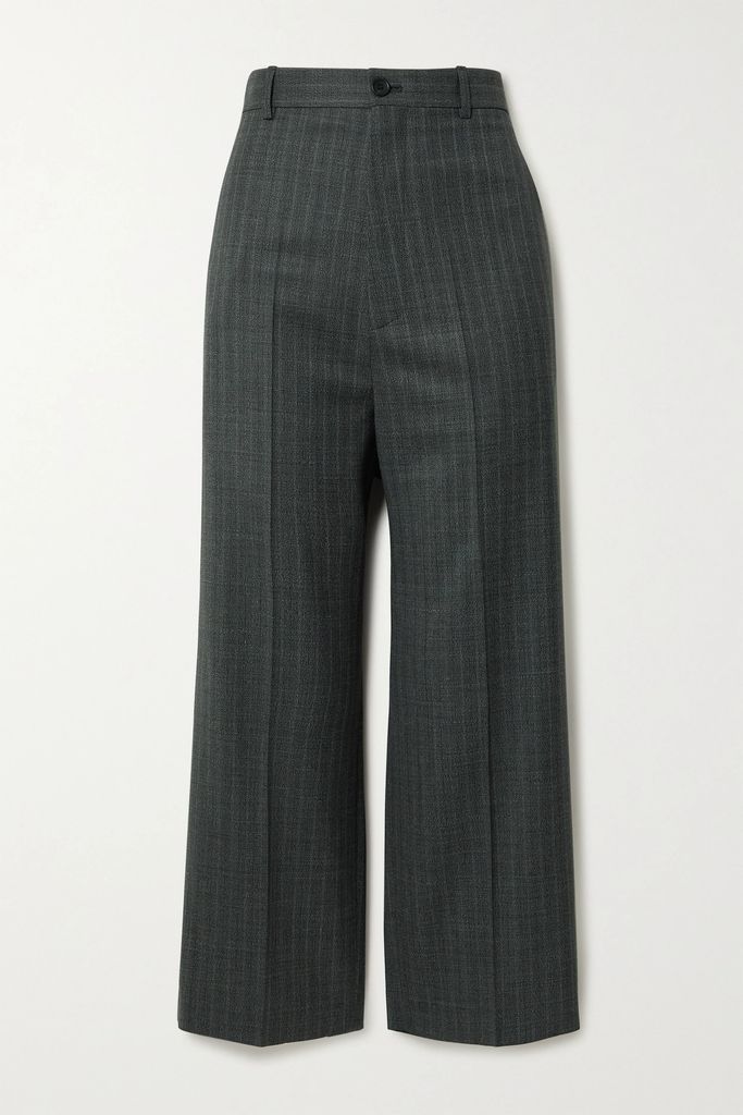 Cropped Prince Of Wales Checked Wool Straight-leg Pants - Gray