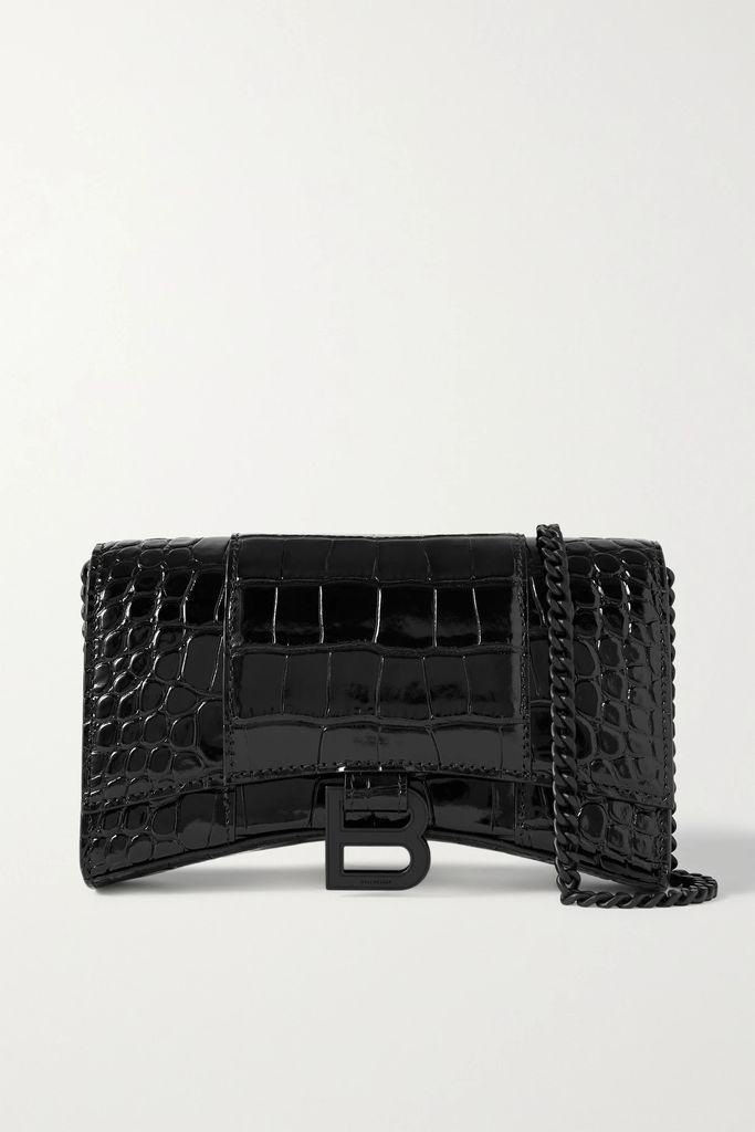 Hourglass Croc-effect Leather Shoulder Bag - Black
