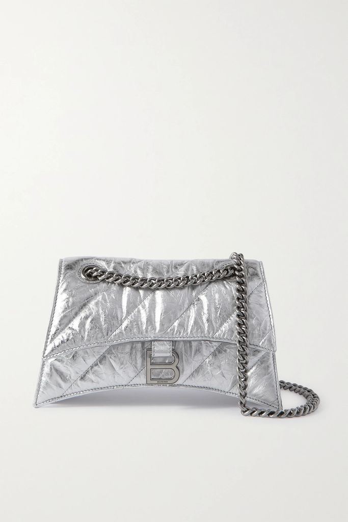 Hourglass Quilted Metallic Crinkled-leather Shoulder Bag - Silver