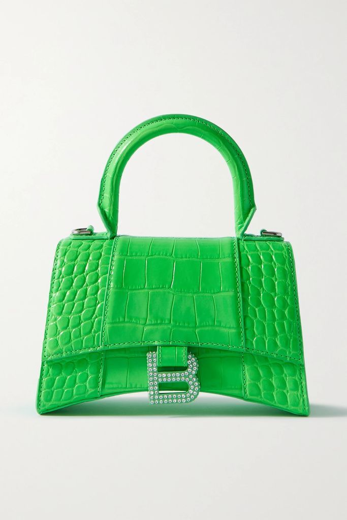 Hourglass Xs Croc-effect Patent-leather Tote - Green