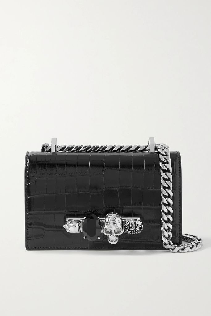 Jewelled Satchel Embellished Croc-effect Leather Shoulder Bag - Black