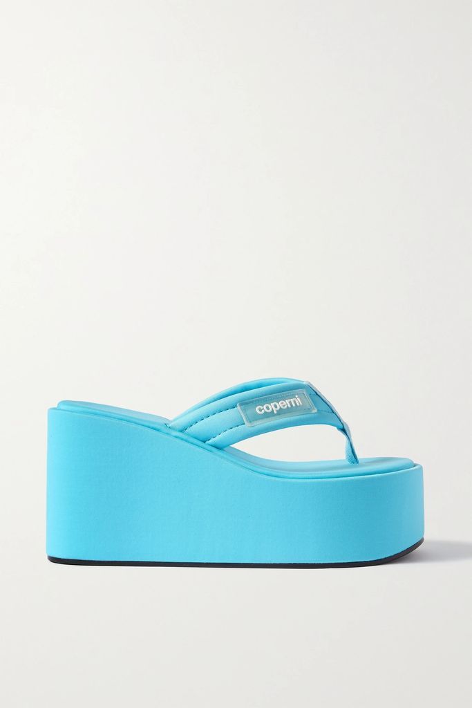 Logo-appliquéd Webbing Wedge Flip Flops - Blue