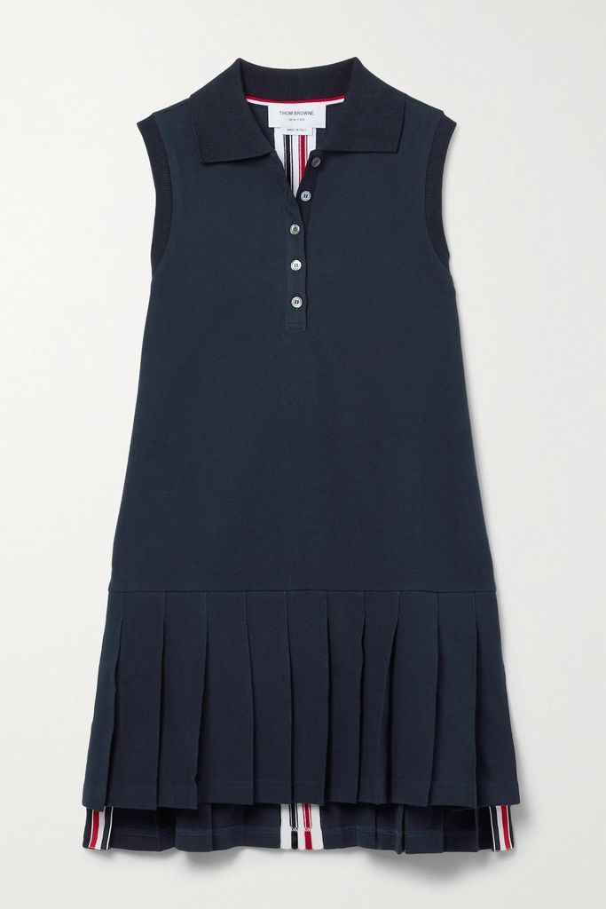Pleated Cotton-piqué Mini Dress - Midnight blue