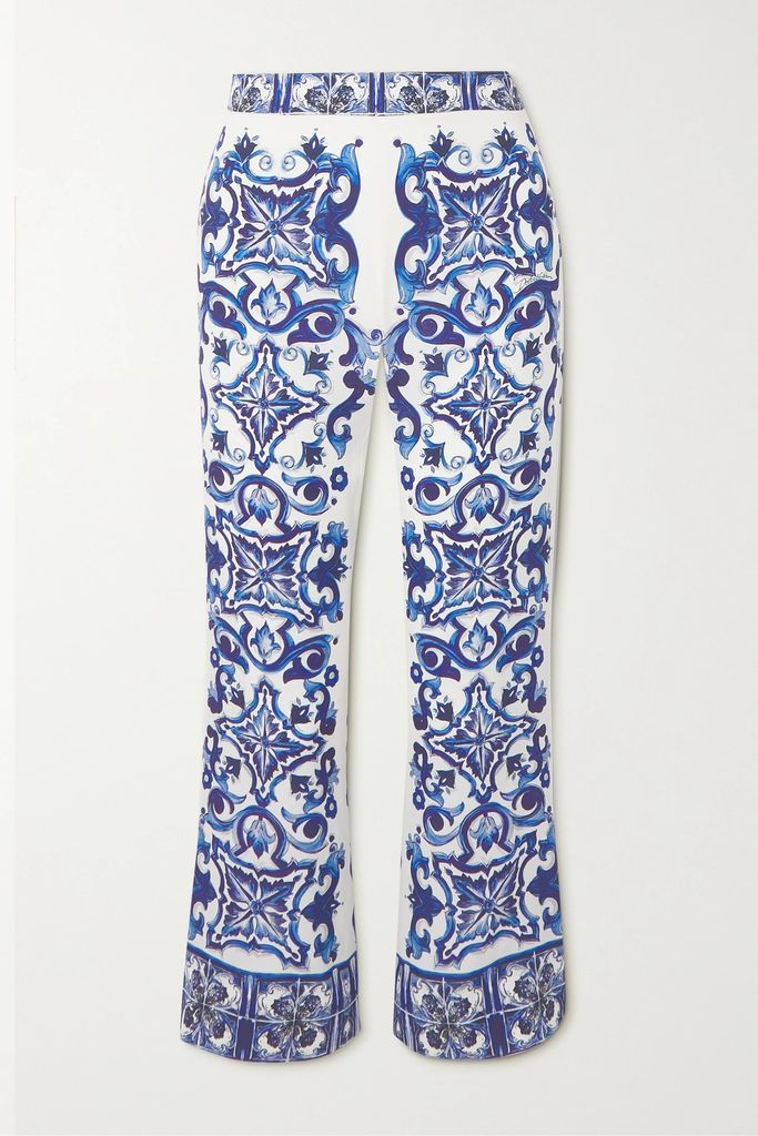 Printed Silk-blend Crepe De Chine Flared Pants - Blue