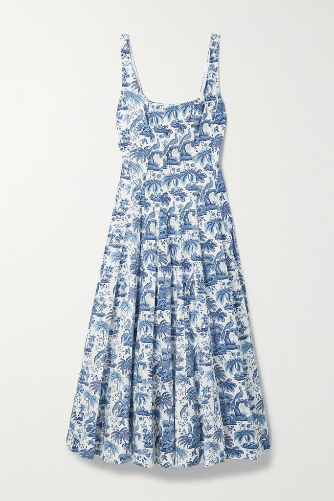 Wells Pleated Printed Stretch-cotton Poplin Midi Dress - Blue