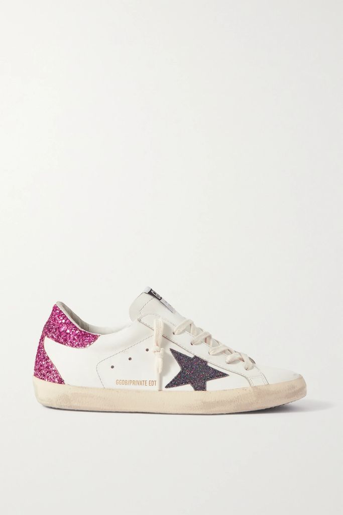 Superstar Distressed Glittered Leather Sneakers - White