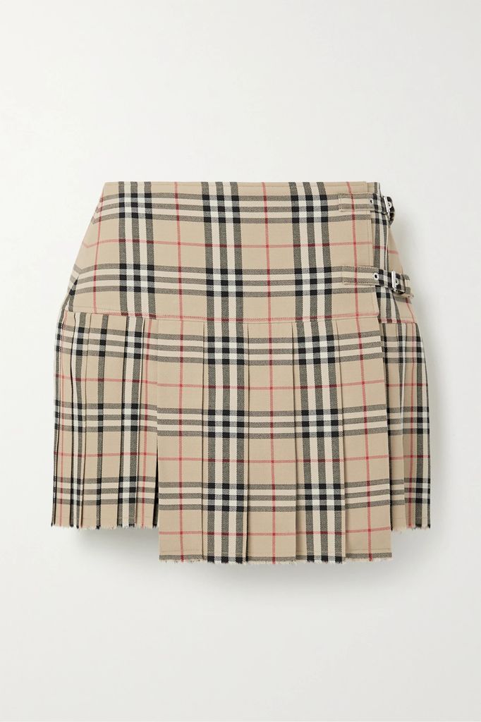 Pleated Checked Wool Mini Skirt - Beige