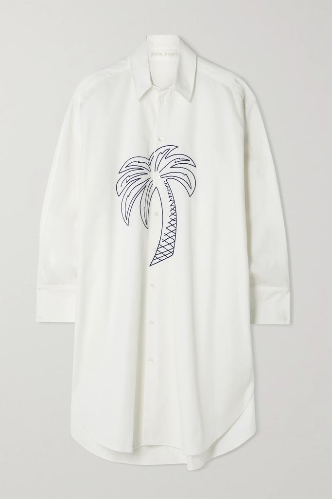 Palm Embroidered Cotton-twill Shirt Dress - White