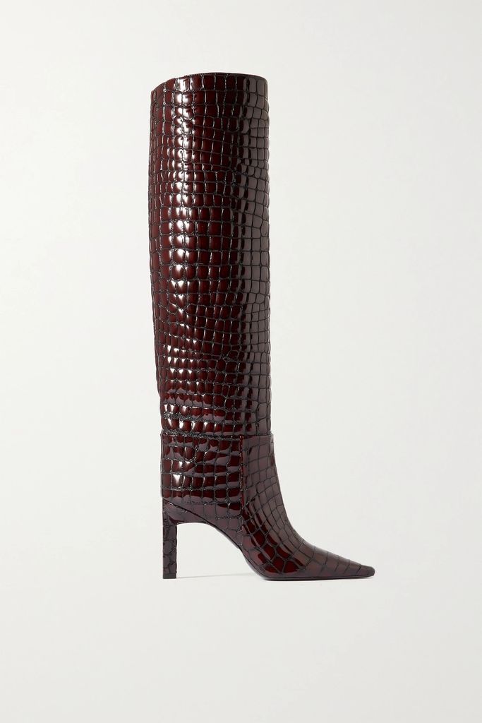 Vitto Croc-effect Glossed-leather Knee Boots - Dark brown