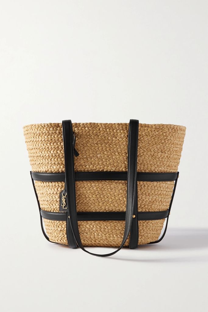 Panier Studded Leather-trimmed Woven Raffia Tote - Black