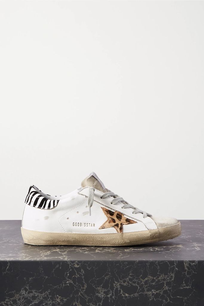 Superstar Distressed Leopard-print Calf Hair, Leather And Suede Sneakers - White
