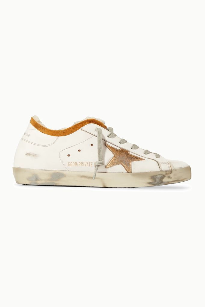 Superstar Shearling-lined Distressed Leather Sneakers - White