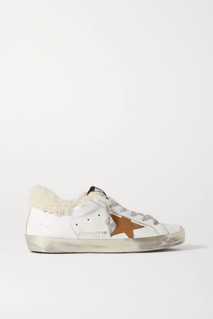 Superstar Distressed Leather, Suede And Shearling Sneakers - White