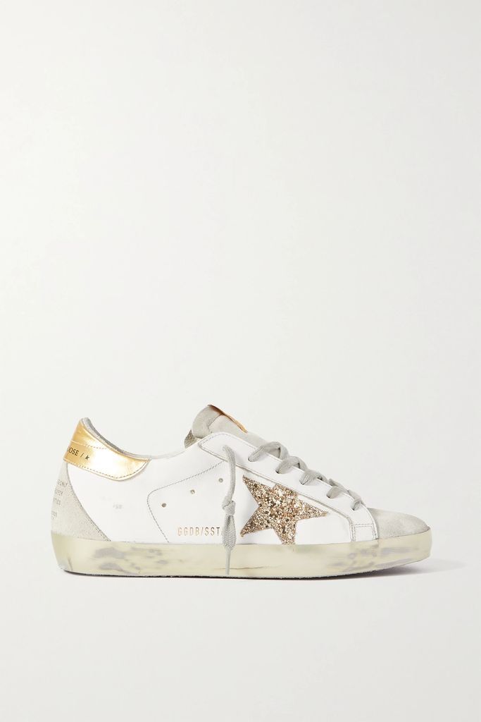 Superstar Distressed Glittered Leather Sneakers - White