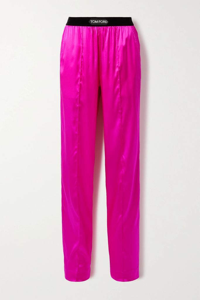 Velvet-trimmed Stretch-silk Satin Pants - Pink