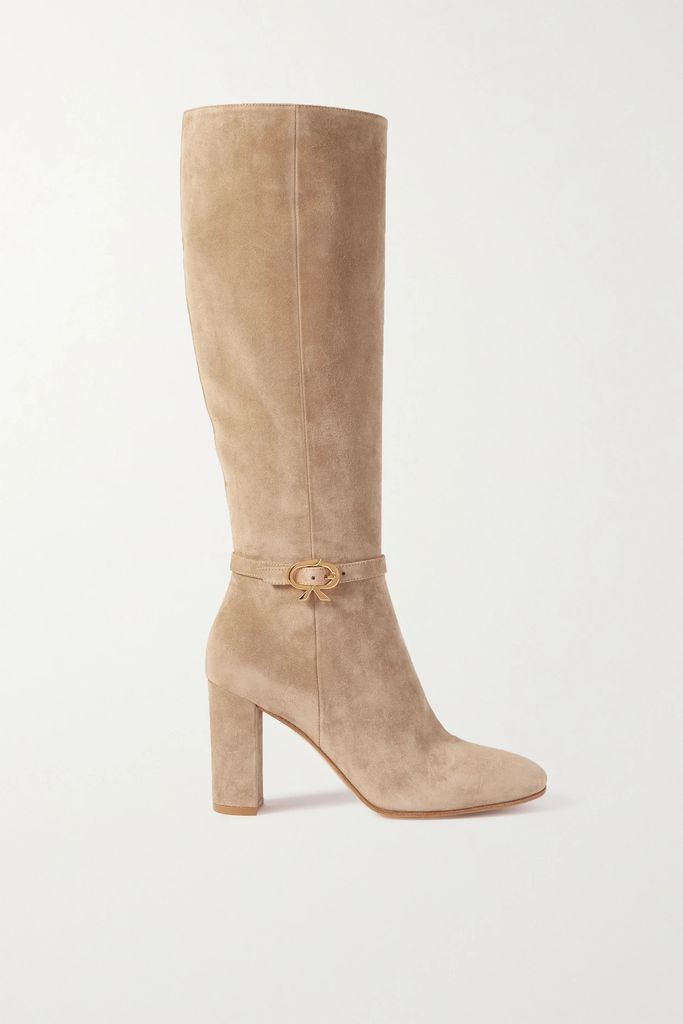Ribbon 85 Buckled Suede Knee Boots - Beige