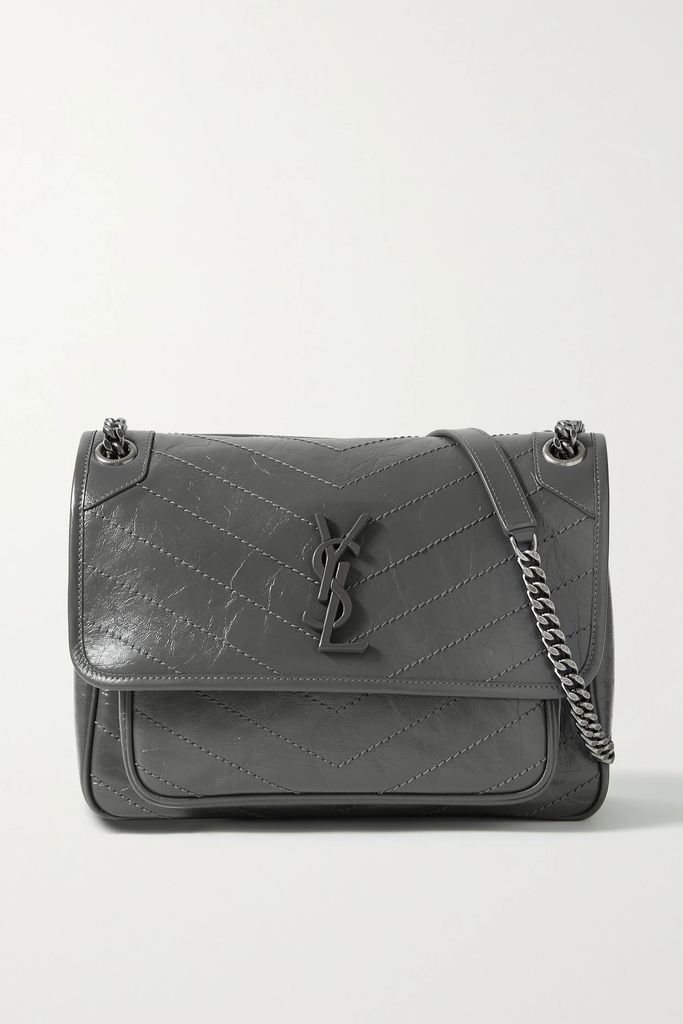 Niki Medium Crinkled Glossed-leather Shoulder Bag - Dark gray