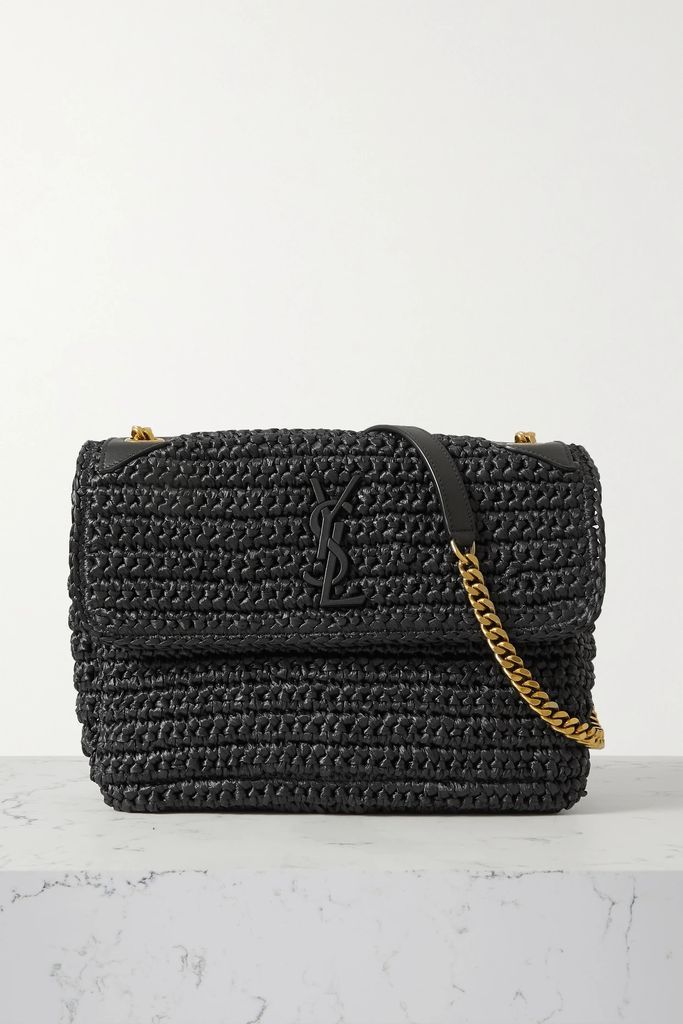 Niki Medium Leather-trimmed Raffia Shoulder Bag - Black