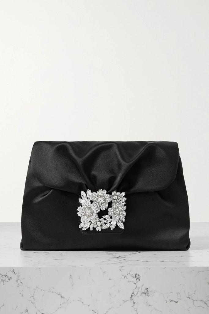 Rv Bouquet Strass Drape Embellished Satin Clutch - Black