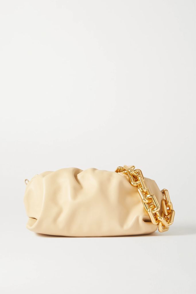 The Chain Pouch Gathered Leather Clutch - Beige