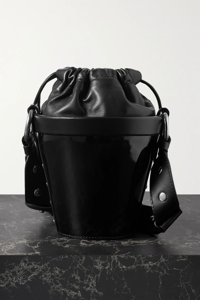 Patent And Textured-leather Shoulder Bag - Black
