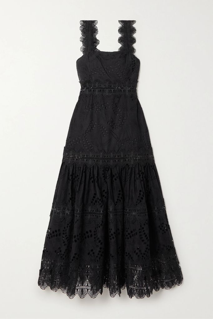 Sireneusse Lace-trimmed Broderie Anglaise Cotton-poplin Midi Dress - Black