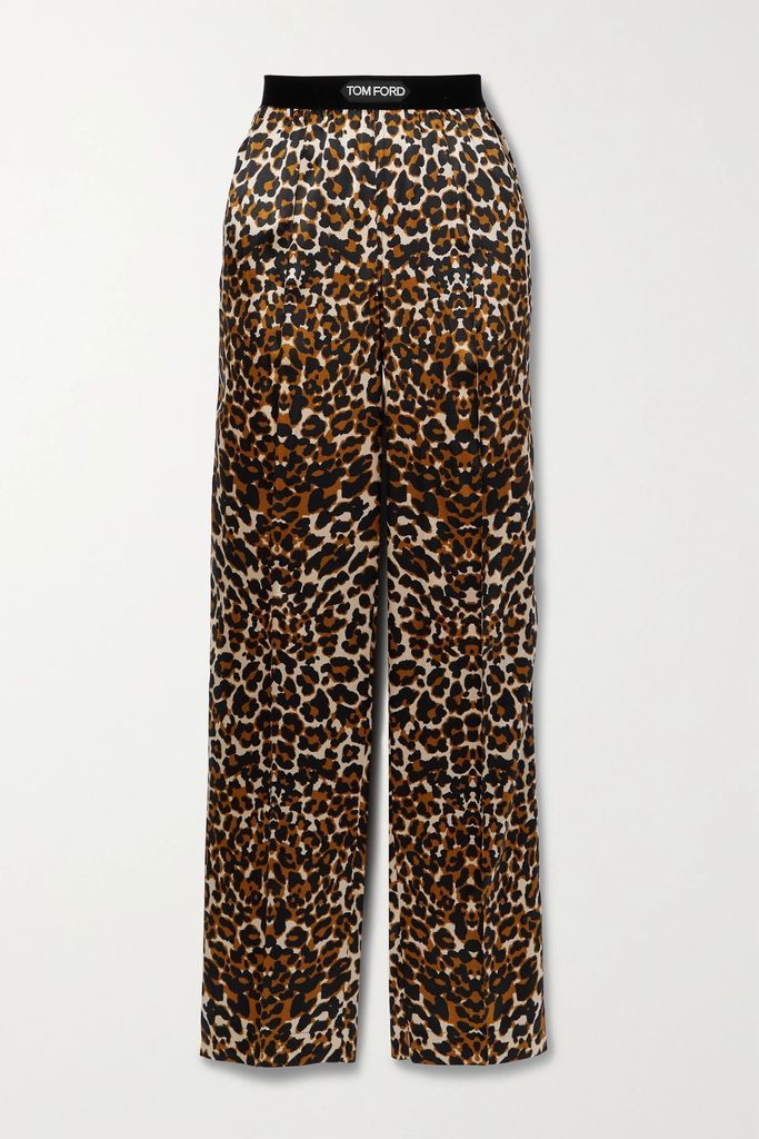 Velvet-trimmed Leopard-print Stretch-silk Satin Pants - Leopard print