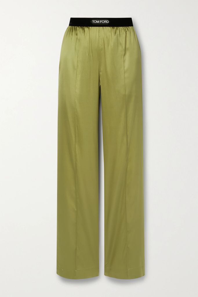 Velvet-trimmed Stretch-silk Satin Pants - Army green