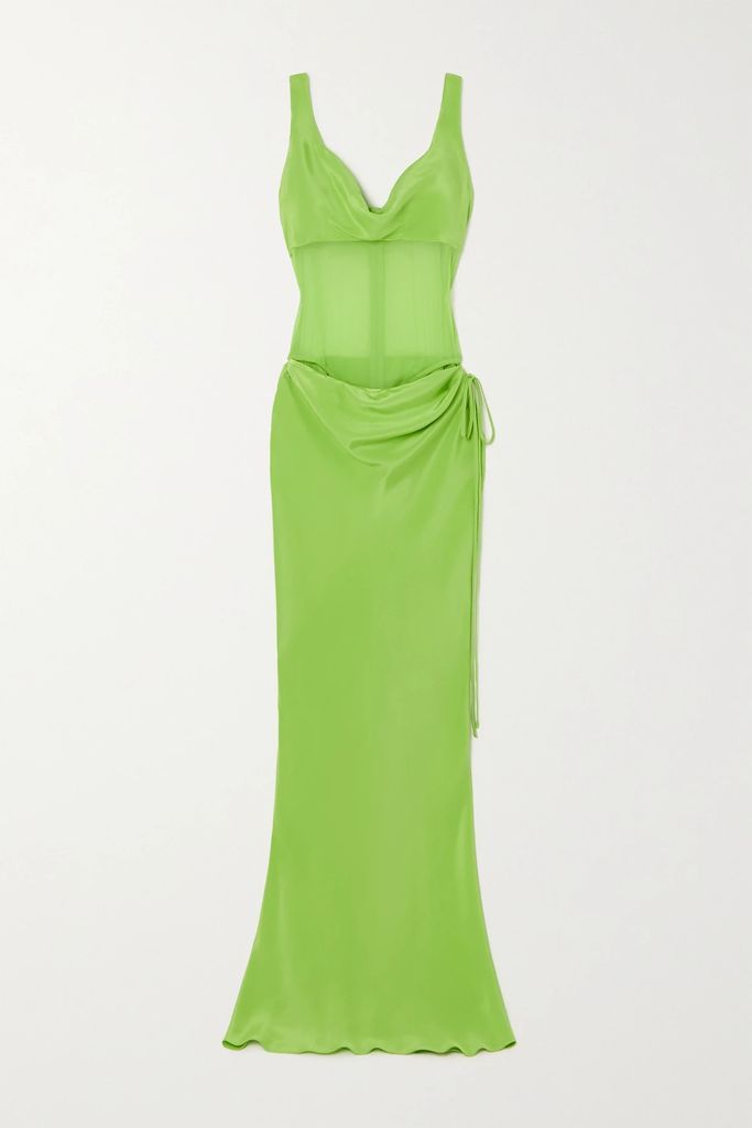 Cutout Draped Silk-satin And Silk-voile Maxi Dress - Green