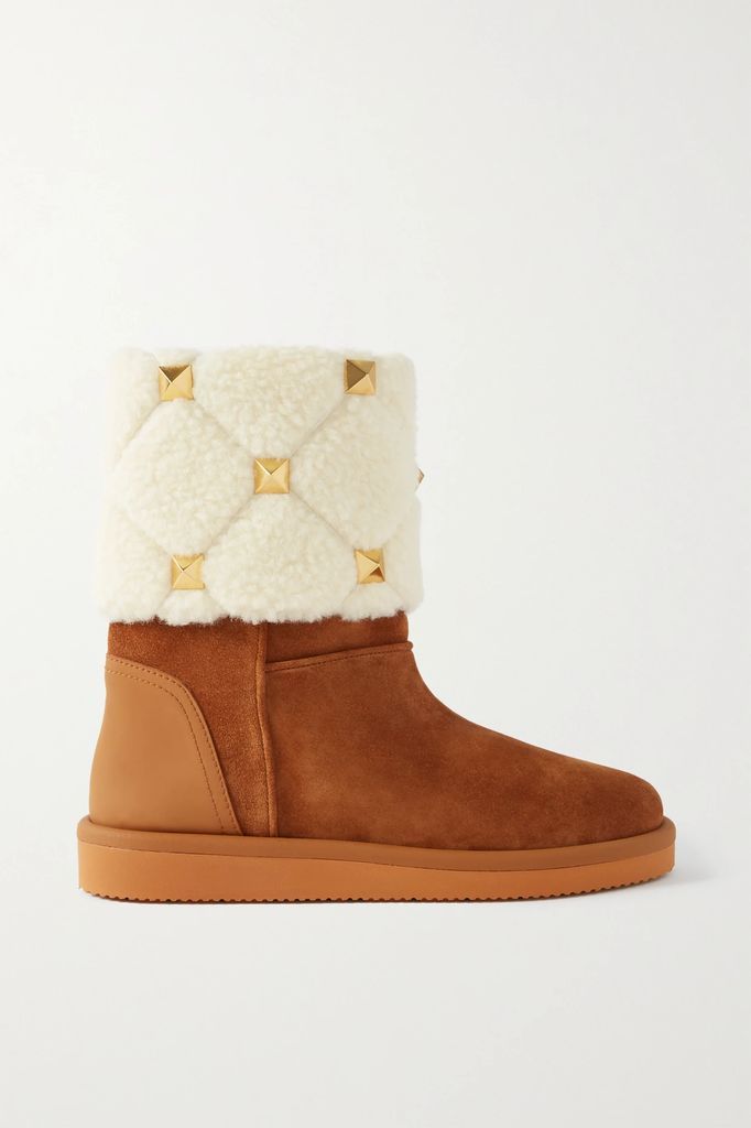 Valentino Garavani Roman Stud Shearling-trimmed Suede Ankle Boots - Tan