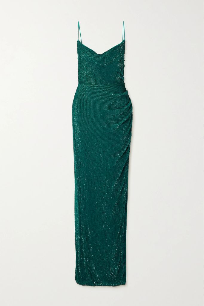 Katya Draped Sequined Chiffon Gown - Emerald