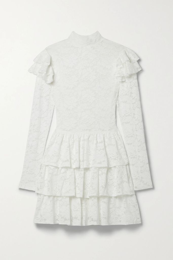 Emily Ruffled Tiered Stretch-lace Mini Dress - White