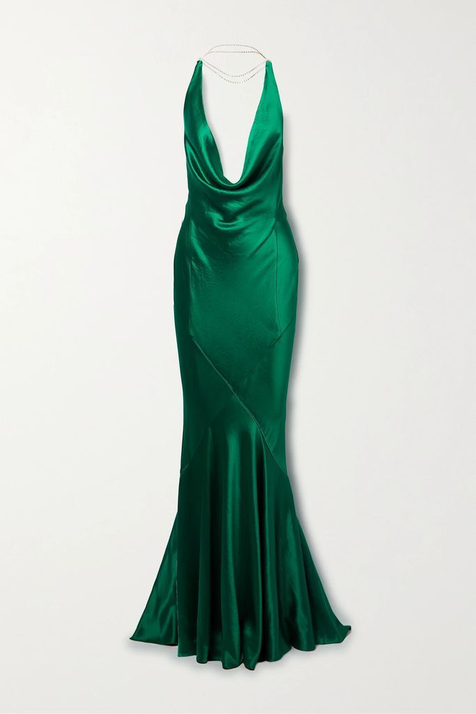 Eve Crystal-embellished Draped Satin Halterneck Gown - Emerald