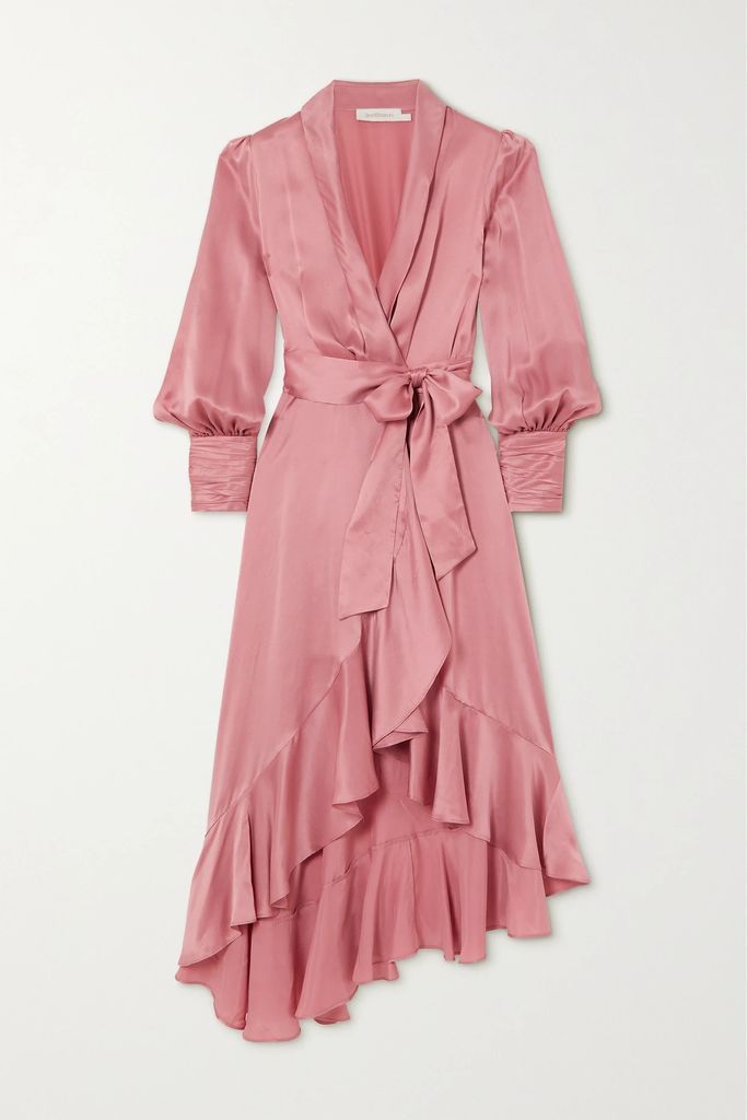Asymmetric Ruffled Silk-satin Midi Wrap Dress - Pink