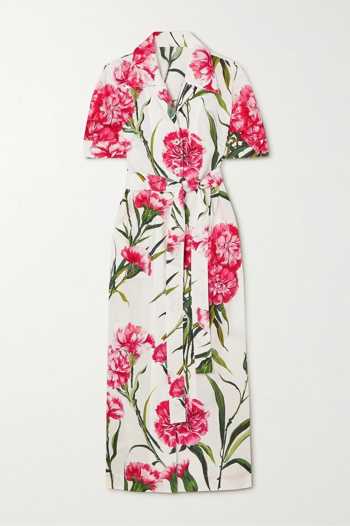Belted Floral-print Cotton-poplin Midi Shirt Dress - Pink