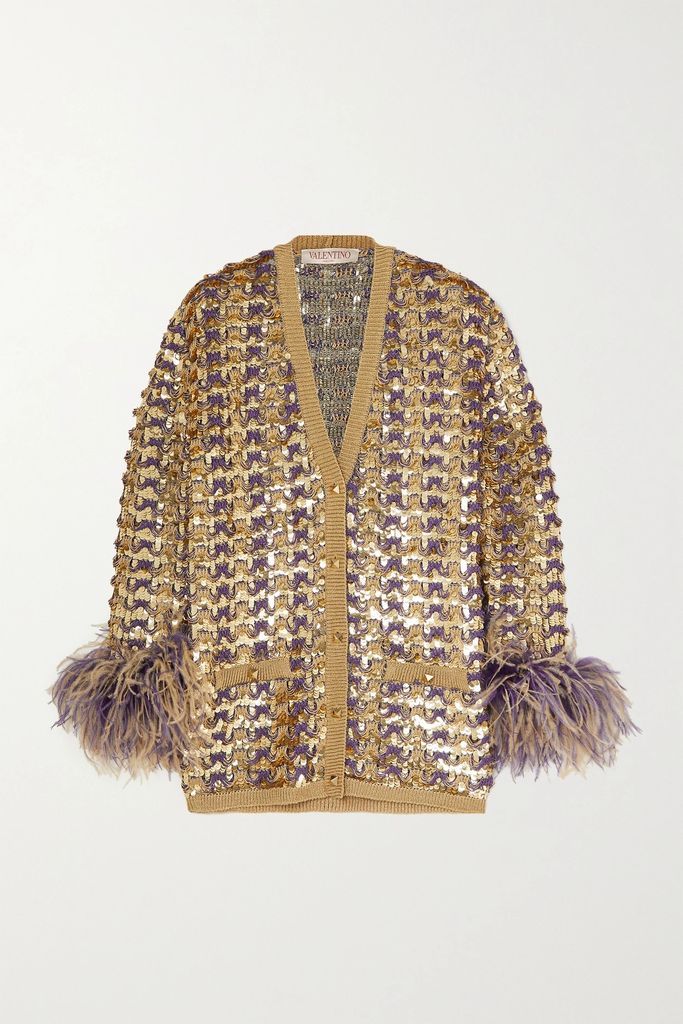 Feather-trimmed Sequined Knitted Cardigan - Gold