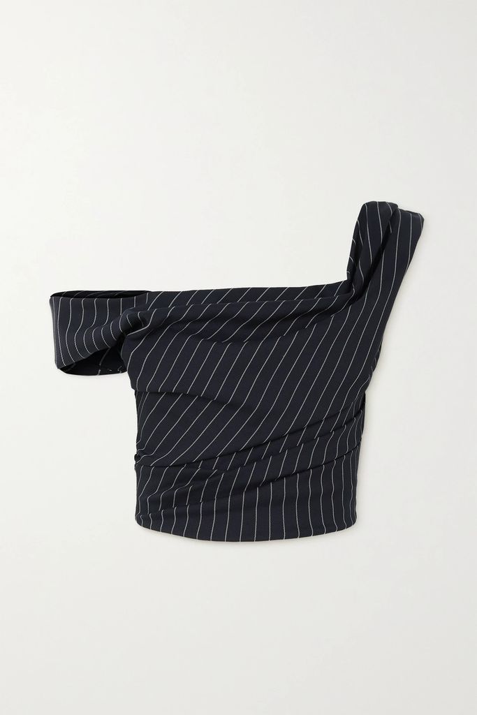Pinstriped One-shoulder Cropped Wool-blend Twill Top - Navy