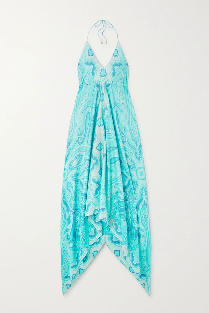 Asymmetric Open-back Paisley-print Faille Maxi Dress - Blue