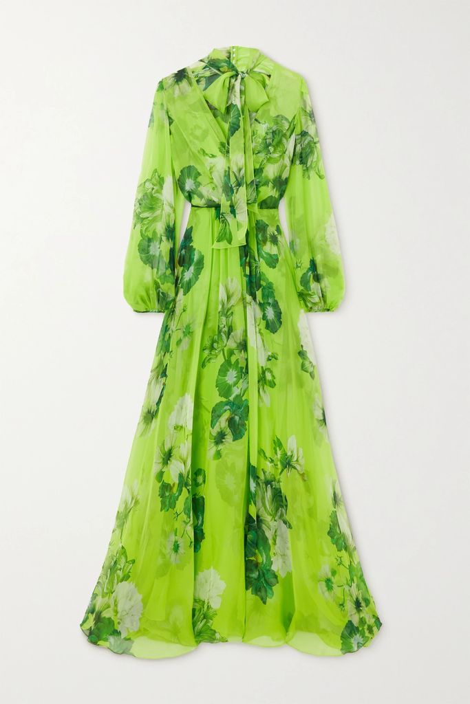 Pussy-bow Floral-print Silk-blend Chiffon Gown - Lime green