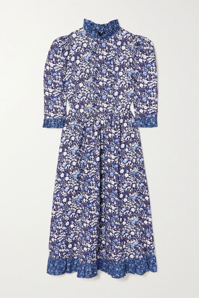 Clara Ruffled Floral-print Needlecord Cotton Midi Dress - Blue