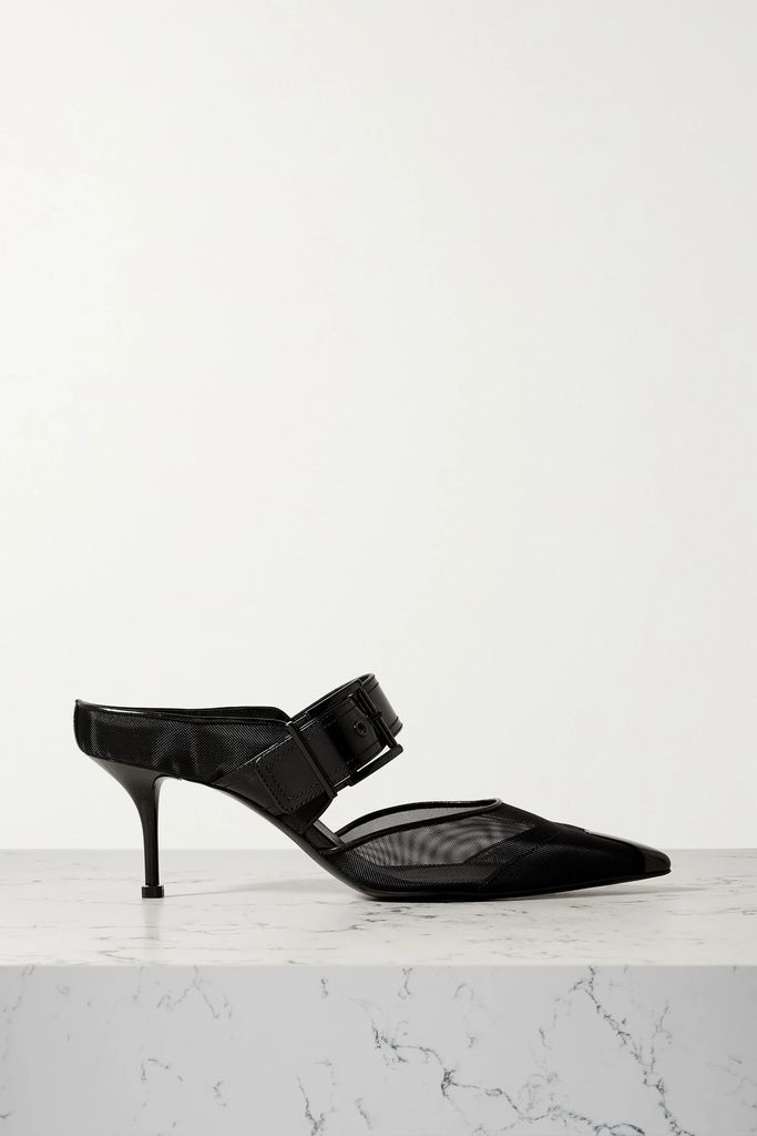 Buckled Mesh And Leather Mules - Black
