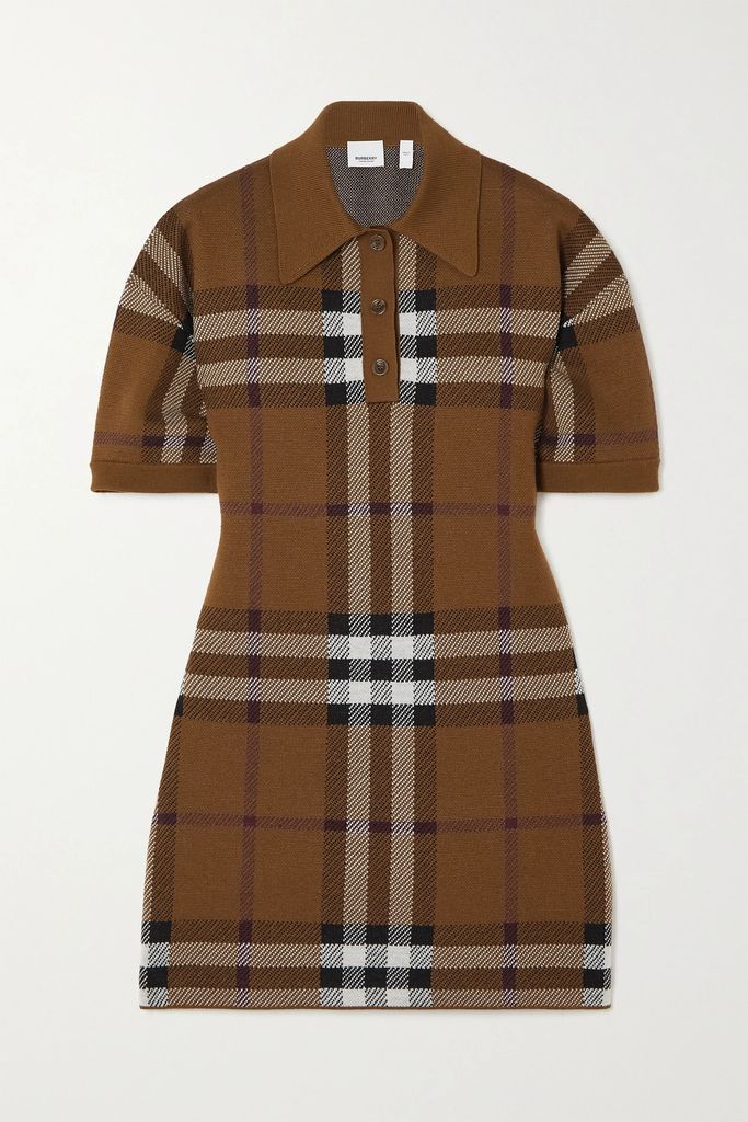 Checked Merino Wool Mini Dress - Brown