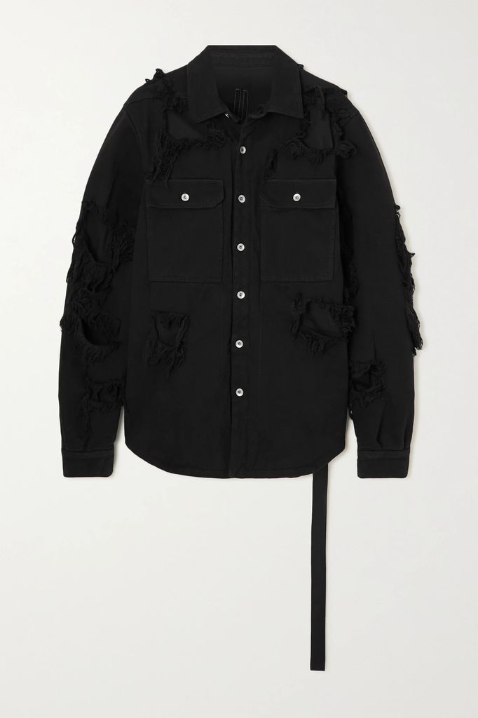 Tie-detailed Distressed Denim Jacket - Black