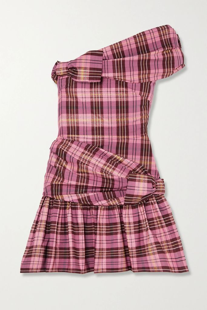 Dimitria One-shoulder Bow-detailed Checked Metallic Woven Mini Dress - Pink