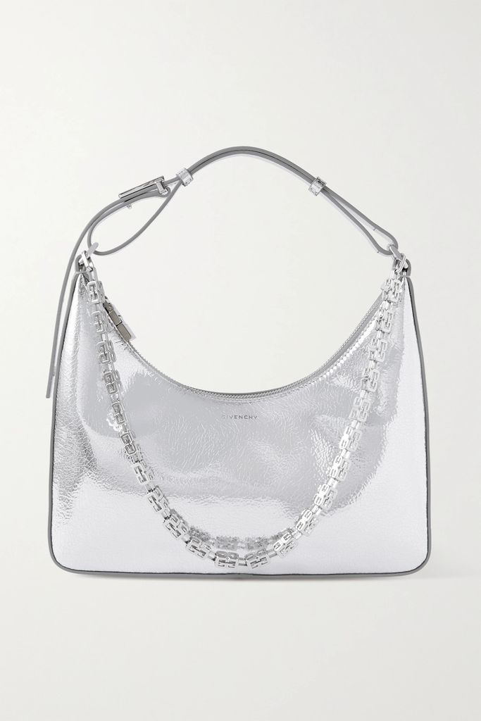 Moon Cut Out Small Chain-embellished Metallic Cracked-leather Shoulder Bag - Silver