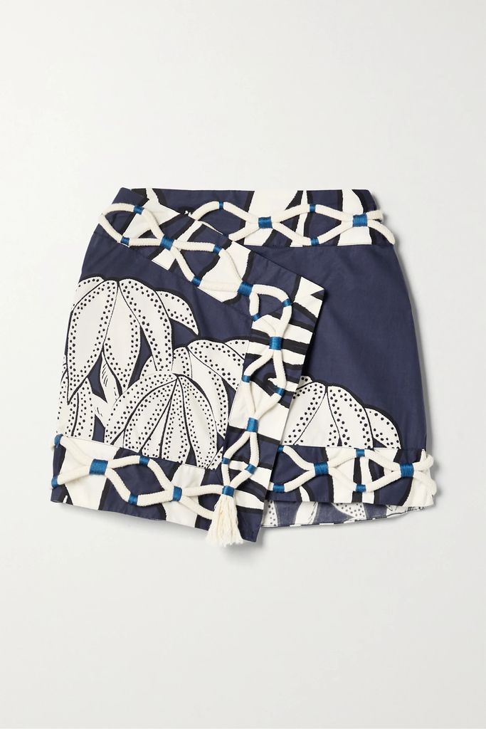 Charming Port Rope-trimmed Printed Organic Cotton-poplin Mini Skirt - Navy